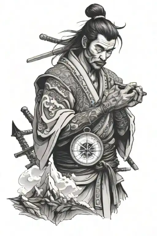 Samurai Holds A Compass With Mountains In His Hand