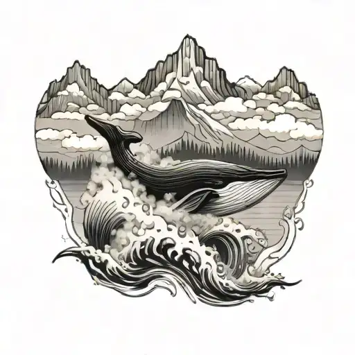 Breaching Whale With Foggy Mountain Background Black And White