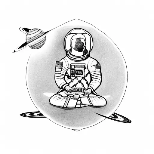 Meditating Astronaut Sitting Cross Legged Listenting To Music With Planets Revolving Around Him