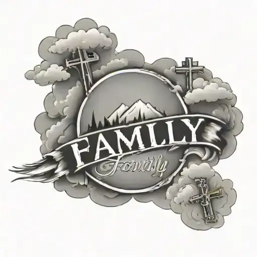 A Forearm Sleeve Tattoo With A Cross And The Word Family And Clouds All Over The