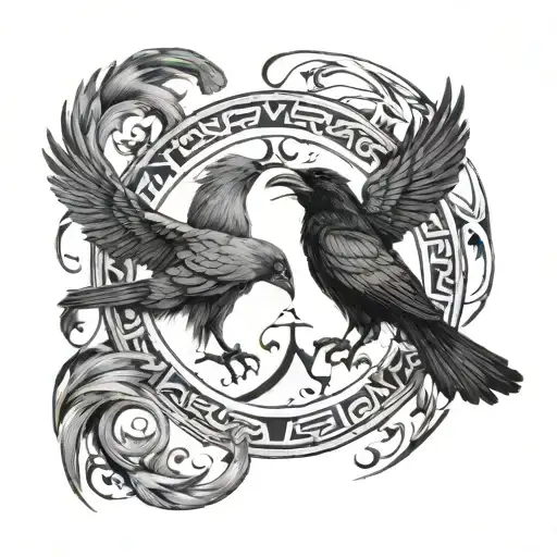 2 Ravens Coming Out Of A Circle Of Norse Runes Engraved