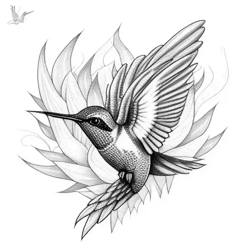 Hummingbird Pheonix With Long Tail And Flowers
