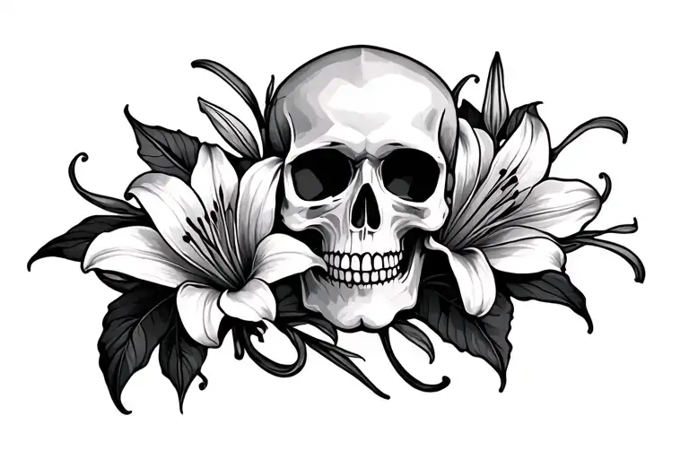 Lily Flowers And Skull Surrounded