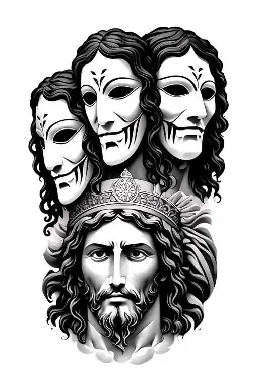 3 Chicano Mask Faces With A Jesus Portrait Running Horizontally Through The Forearm
