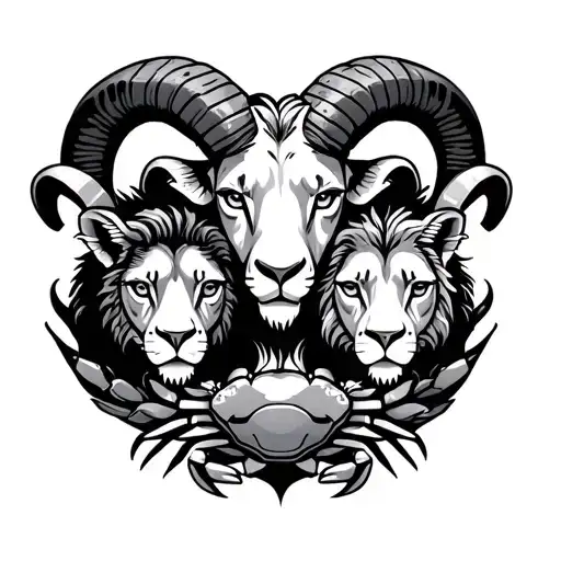 Aries Ram Zodiac Surrounded By 2 Baby Lion Heads And A Crab