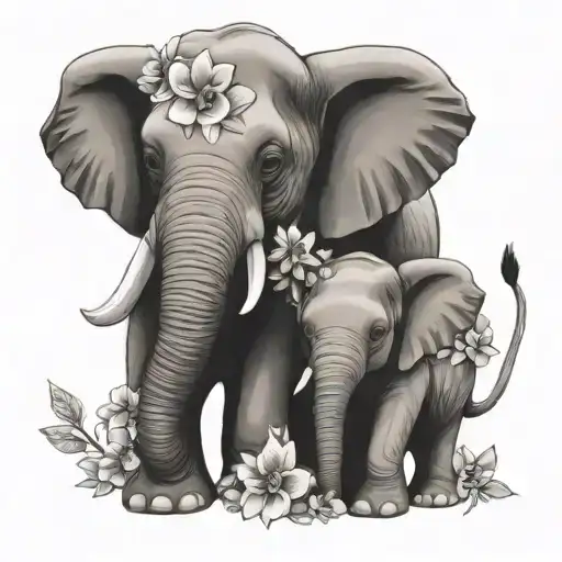 Momma And Baby Elephant With Flowers