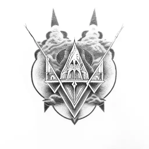 A Dotwork Design Of The Hogwarts Castle With The Deathly Hallows Symbol In The Sky