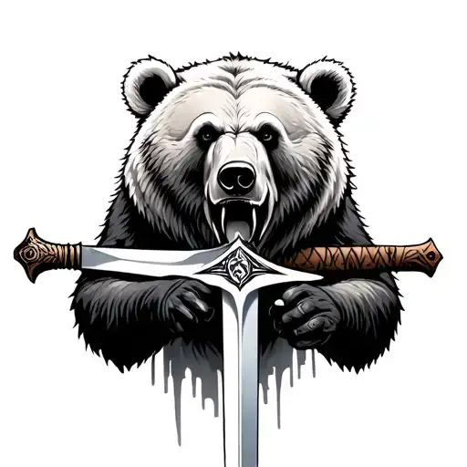 Realistic Bear Tattoo Carrying A Sword In Its Mouth