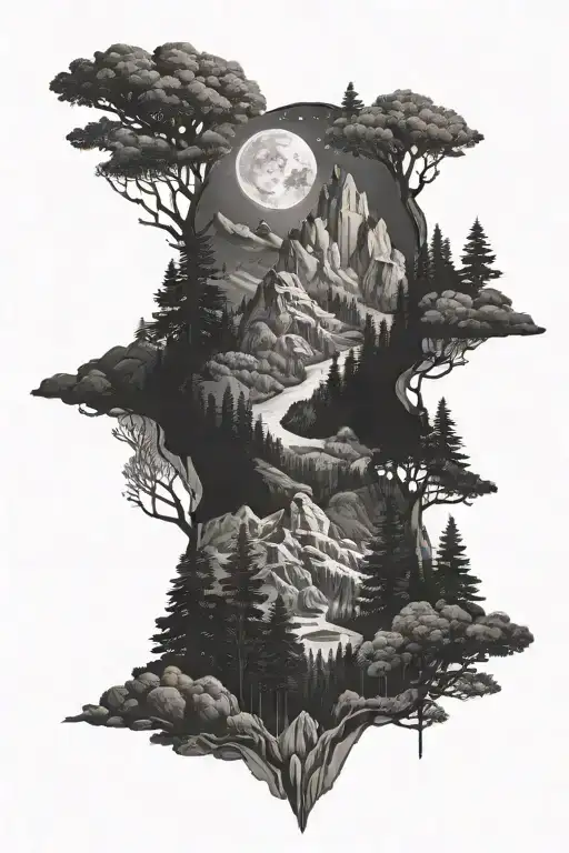 Hyper Realistic Mountain Forest Night Perspective