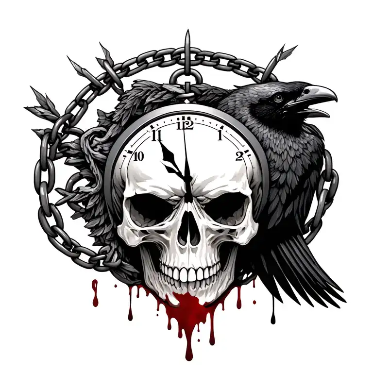 Skull Clock Crow Chain Blood