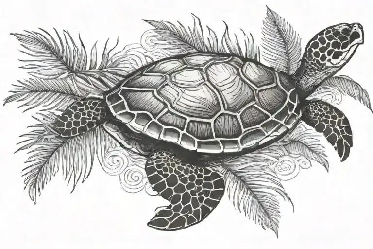 Baby Sea Turtle And Palm Tree