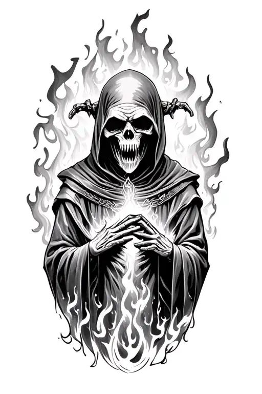 Realistic Grim Reaper With Evil Tortured Souls On Fire