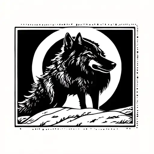 Wolf Silhouette And Moon In Postcard Style
