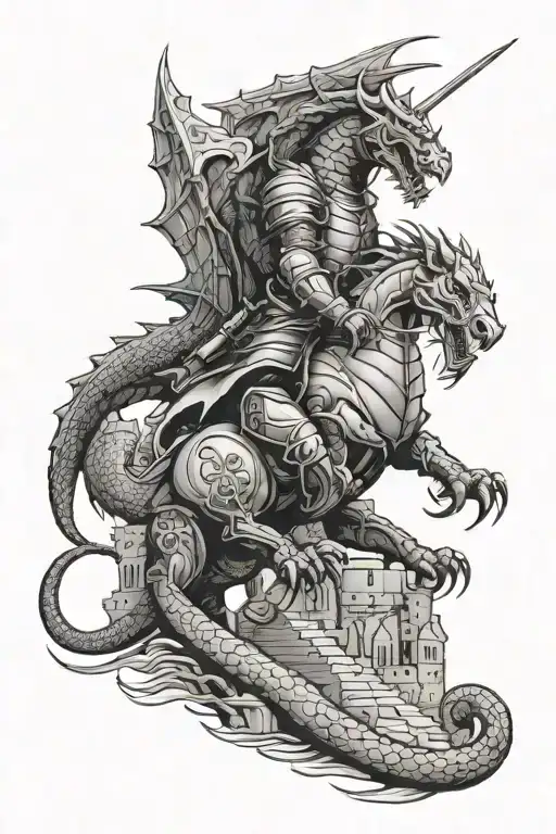 Knight Fighting Against A Dragon Infront Of A Castle Background