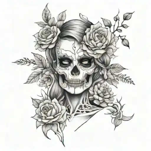 Sexy Girl Standing Pretty Modern Half Skeleton With Flowers