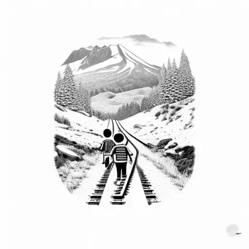 Children Walking On Train Tracks In Mointains