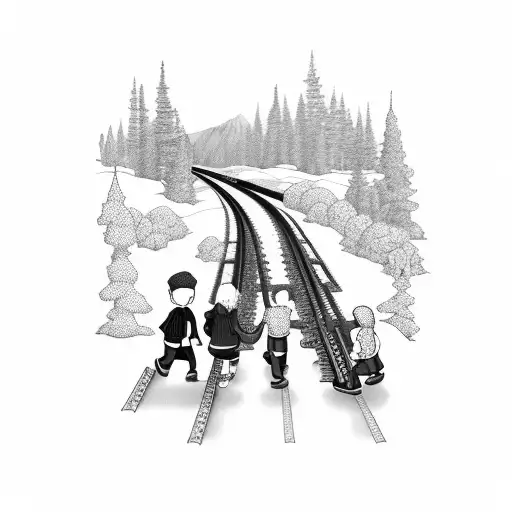 Children Walking On Train Tracks In Mointains