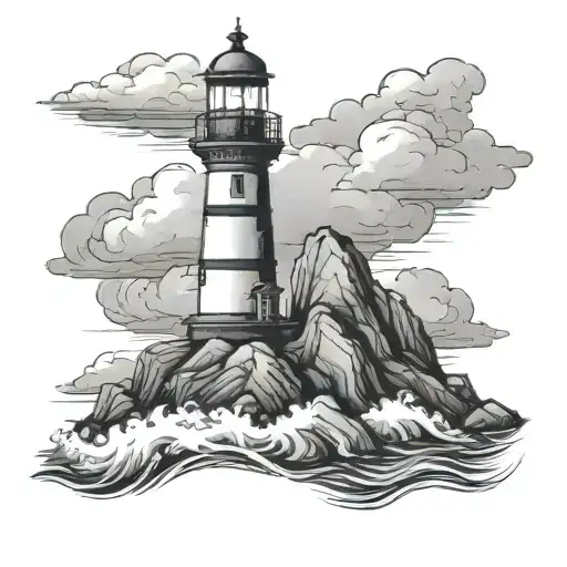 Lighthouse On Rocks With Water Foam And Clouds