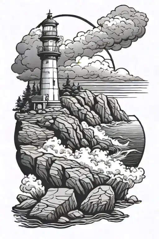 Lighthouse On Rocks With Water Foam And Clouds