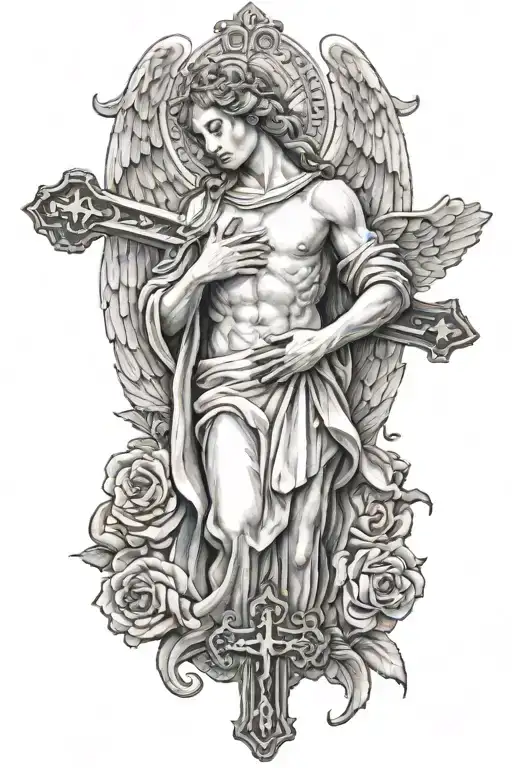 An Upper Body Of An Angel Holding A Cross