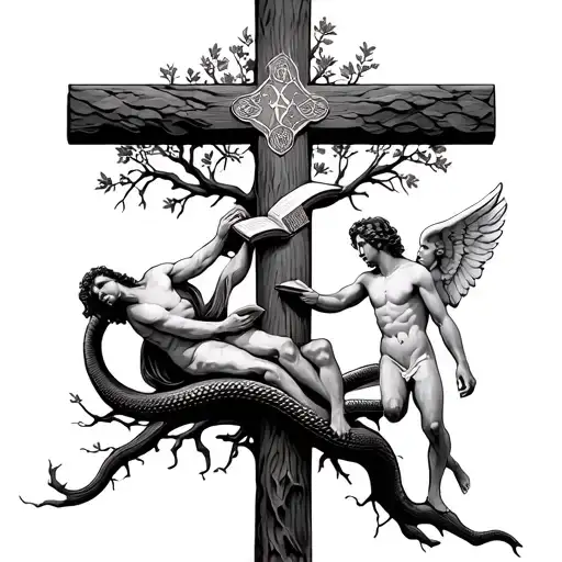 Biblical Cross And Adam And Eve At The Tree Of Knowledge With The Serpent With A Bible And An Angel
