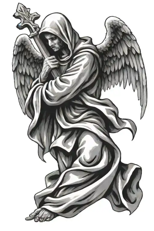 Angel Holding A Cross With A Hoodie On Head Wearing All Black