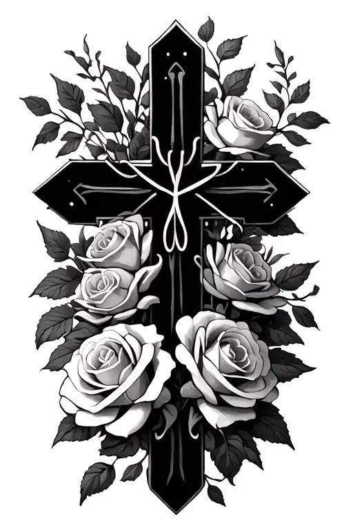Cross And Flowers Intertwined With Roses
