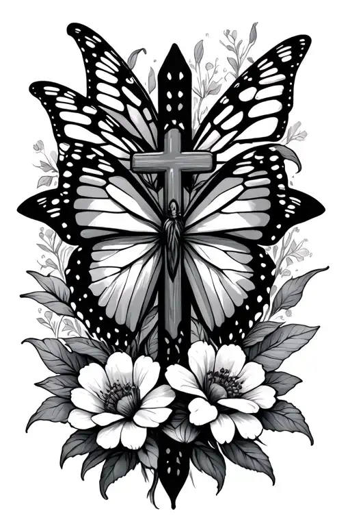 Cross And Flowers Intertwined With Butterfly's