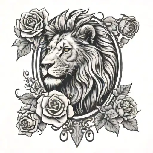 Cross With A Lion And Roses Blooming