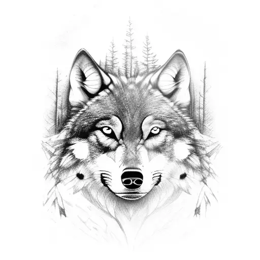 A Realistic Portrait Of A Wolf With A Forest Background