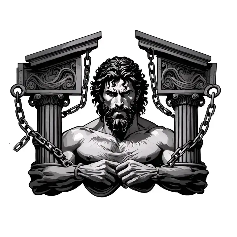Samson From The Bible With Each Hand Chained To A Pillars On Opposite Sides To Him