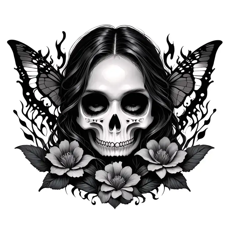 Feminine Vampire Skulls Flowers Flames Butterfly's