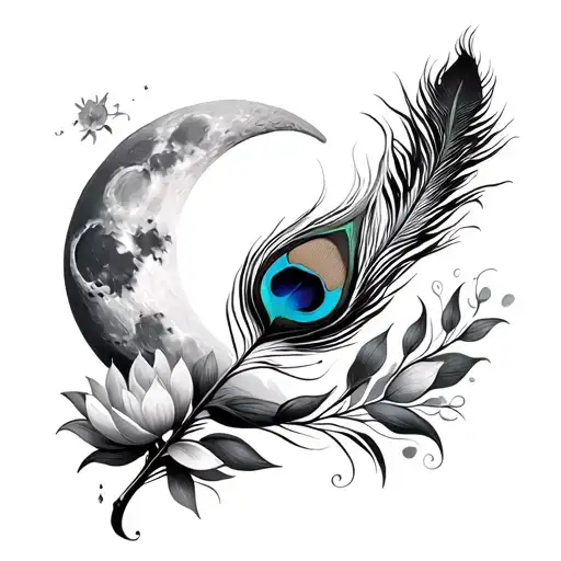 Lotos With A Moon And Peacock Feather