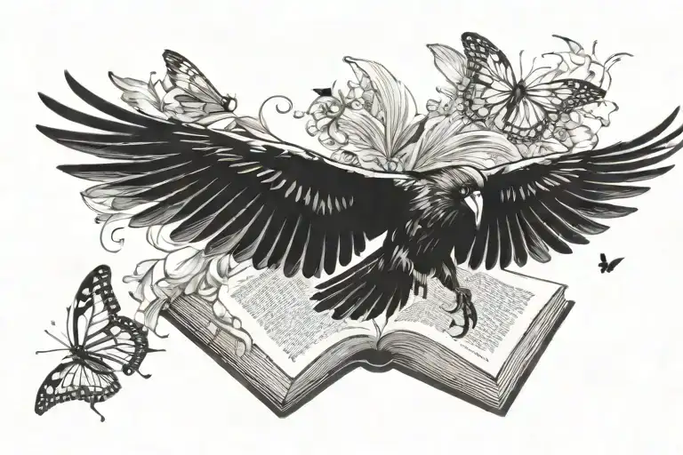 A Crow Chasing A Butterfly Flying Out Of A Book