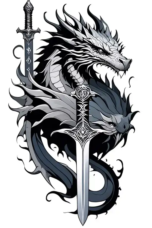 Mythical Dragon And Sword Piercing
