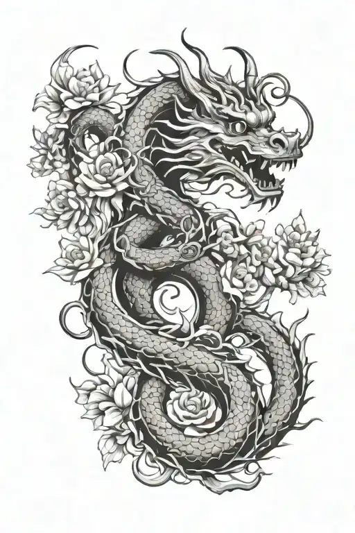 Long Chinese Dragon Wrapped In Flowers And Chains