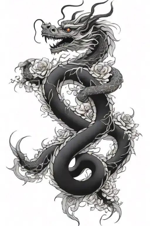 Feminine Long Chinese Dragon Wrapped In Flowers And Chains