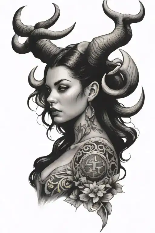 Girl With Bull Horns And Taurus Symbol