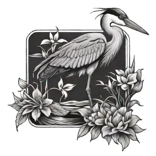 Heron Sitting Behind Wood With Fish And Flowers