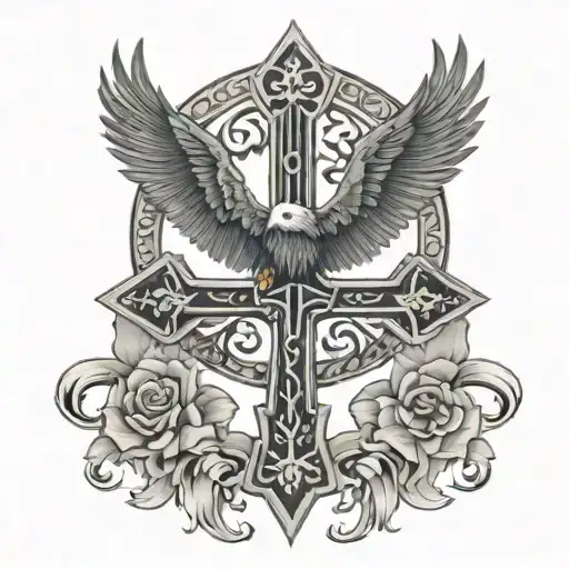 Big Cross And Eagle On Men One Chest Piece Tattoo With Small Details
