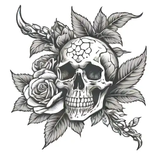 Olive Horn Skull With Roses