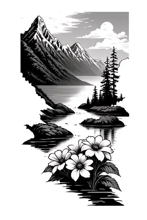 Mountain Landscape Tattoo Featuring River And Flowers In Foreground
