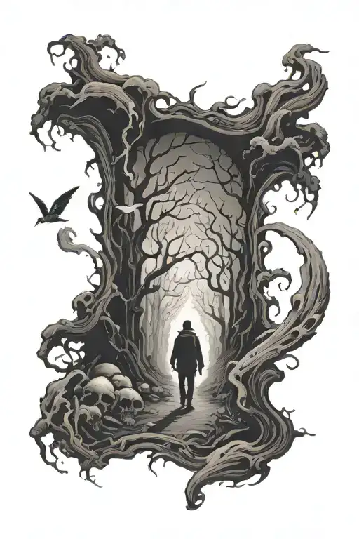 A Shadow Of A Man Walking A Dark Path Surrounded By Spirits