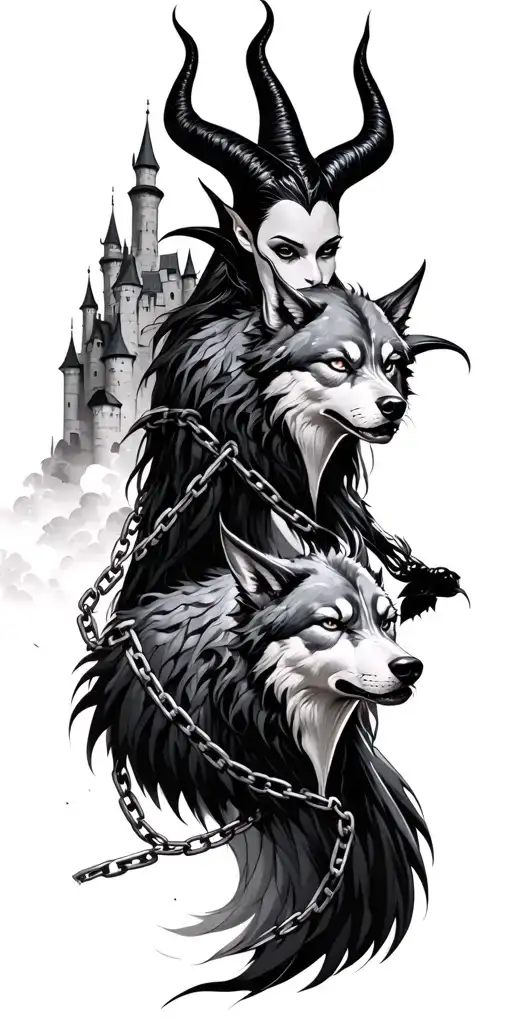 Maleficent With Mutated Wolves On Chains With A Castle In The Background