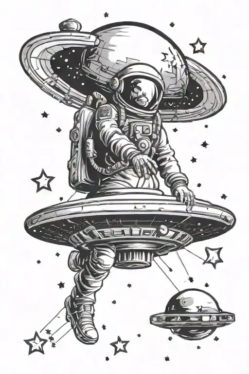 Flying Saucer Kidnapping An Astronaut Against A Background Of Stars