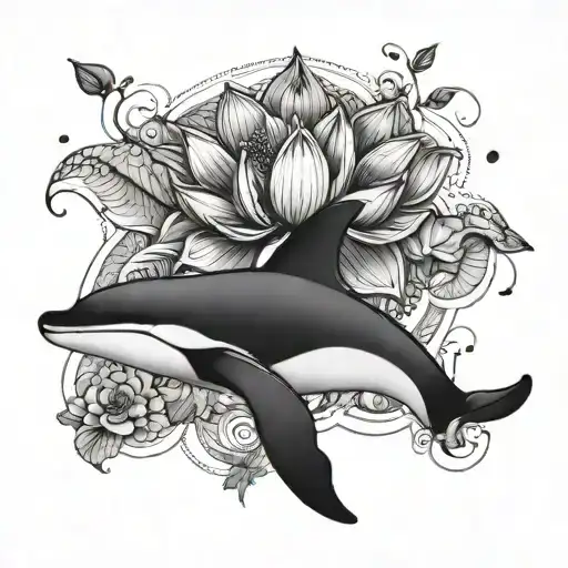 Unalome With Lotus Flower And Orca Whale Outline