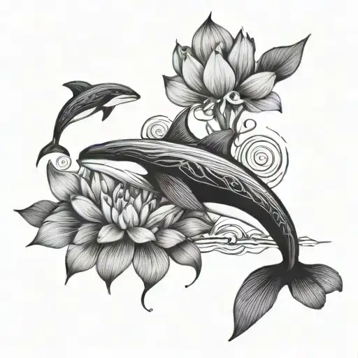 Unalome With Lotus Flower And Orca Whale Fineline