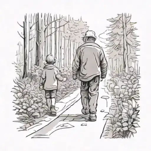 Little Boy With Grandfather Walking On A Forest Road