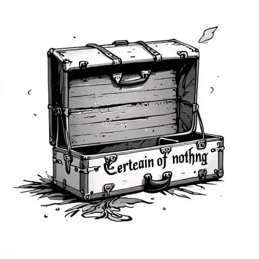 An Old Travel Suitcase With The Words 'Certain Of Nothing' Written Underneath The Suitcase
