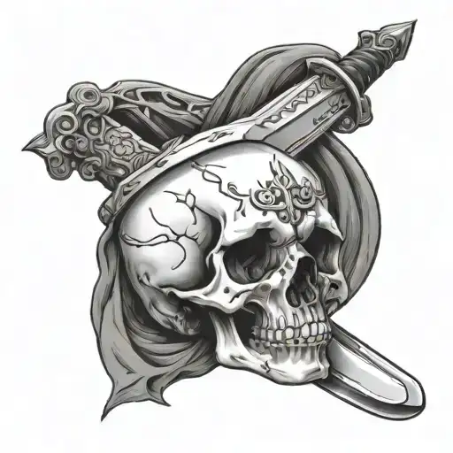 Sword Going Through A Skull Realism And Simple Outline